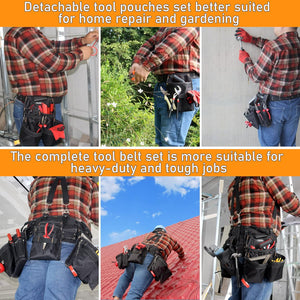 16-Pockets Tool Belts for man with Suspenders, Detachable & Adjustable Tool Pouches Bag & Back Support Tool belt Combo