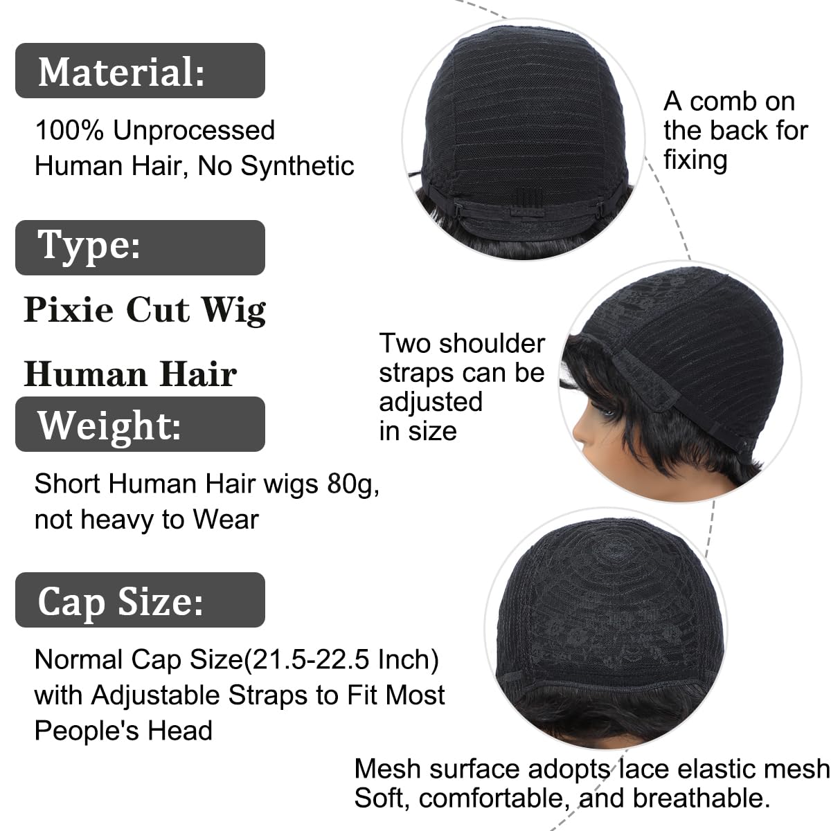 Short Pixie Cut Human Hair Wig - Straight Boy Cut Style, No Lace Front, One Size (Black)
