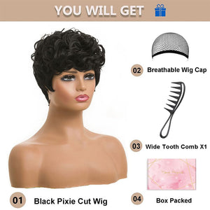 Short Pixie Wigs for Black Women Short Black Curly Pixie Wigs Synthetic Hair Wigs for Black Women Natural Wavy Black Pixie Cut Wig Short Curly Layered Pixie Wig for Women(Natural Black)