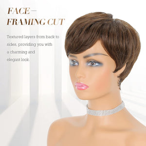 Short Pixie Cut Wigs Synthetic Coffee Brown Pixie Haircut Wig with Bangs Glueless Layered Wavy Wigs for Women