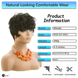 Pixie Cut Wigs Short Black Curly Pixie Wigs Layered Heat Resistant Wigs Pixie Cut Wig For Black Women Natural Wavy Wig with Bangs(black)