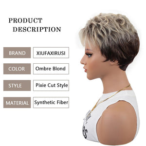 Ombre Blonde Pixie Cut Wig for White Black Women Short Layered Pixie Wig with Bangs Glueless Tapered Natural Hair Replacement Synthetic Wig