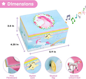 Girls Musical Jewelry Storage Box with Spinning Unicorn | Rainbow Design, The Beautiful Dreamer Tune - Enchanting Unicorn Musical Box | Ideal Gift for 5 Year Old Girls | 6 x 4 x 3.5 inches