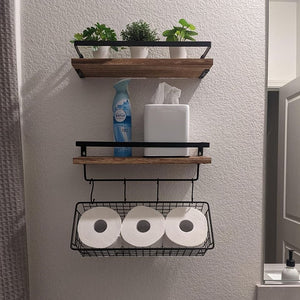 Set of 2 Brown Rustic Floating Shelves with Hooks and Towel Bar