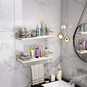 Set of 2 White Floating Shelves Golden Towel Rack, Decorative Storage Shelves for Bathroom, Kitchen