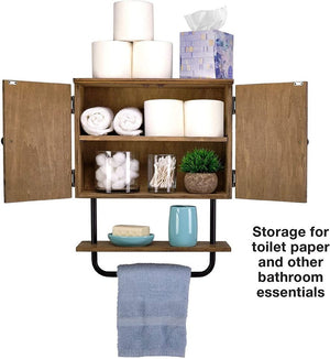 Rustic Wall Cabinet with Towel Bar, Brown