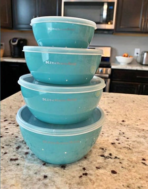 Set of 4, Classic Prep Bowls with Lids, Aqua Sky