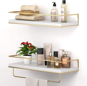Set of 2 White Floating Shelves Golden Towel Rack, Decorative Storage Shelves for Bathroom, Kitchen
