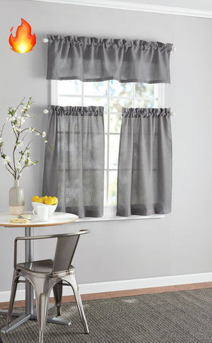 (Gray) Kitchen Window Curtain Tier & Valance, 3-PCS Set