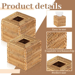 2 Pcs 5.5'' x 5.5'' x 5.5'' Square Rattan Tissue Box Cover Boho Wicker Tissue Cube Box Cover Decorative, Wood