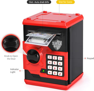 ATM Piggy Bank for Boys Girls, Mini ATM Coin Bank Money Saving Box with Password, Red Black