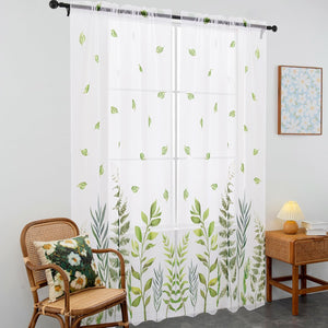 White Sheer Curtains Leaf Pattern Printed Semi-Sheer Curtain 63 Inches Long 2 Panels (W52 x L63, White&Green)