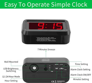 LED Digital Clock, Small Wall Clock, Battery Operated, Adjustable 3-Level Led Brightness, Dim Night Mode (Black Case-red Led)