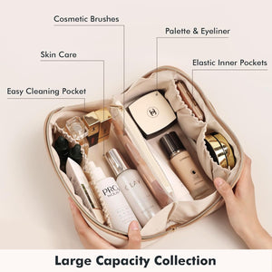 Large Capacity Cosmetic Bag for Women Portable Waterproof PU Leather Makeup Bag Open Flat Makeup Organizer, Beige