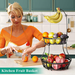 2-Tier Fruit Basket Bowl Stackable Vegetable Storage with Banana Tree Hanger Stand for Kitchen Countertop, Metal Wire Basket for Bread Onions Potatoes