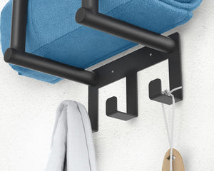 Bathroom Towel Rack Wall Mounted with Metal Shelf and 3 Hooks for Small Bathroom, Black, Round Tube