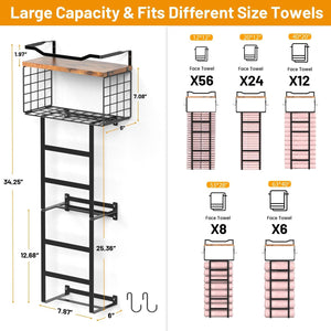 Towel Rack Wall Mounted with 2 Pack Towel Shelf and a Wire Basket Storage and Organizer, Sturdy Metal & Wood, Black