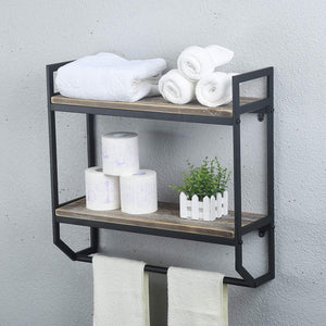 2-Tier Metal Industrial 23.6" Bathroom Shelves Wall Mounted,Rustic Wall Shelf Over Toilet Towel Rack with Towel Bar, Black Brush Silver