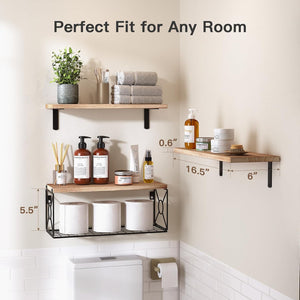 Bathroom Shelves Over Toilet with Storage Basket for Home Organization & Wall Decor, Natural Wood