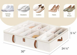 Under Bed Shoe Storage Organizer, Underbed Shoes Container with Adjustable Dividers, Shoe Storage Basket with Cover, Beige, 2-Pack