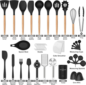 Silicone Cooking Utensils Set, 43Pcs Non-Stick Heat Resistant Kitchen Utensils Spatula Set with Wooden Handle for Baking, Cooking, and Mixing, Best Kitchen Gadgets Tools with Holder (Black)