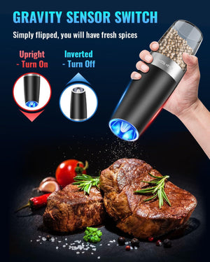 Electric Pepper and Salt Grinder Set, Adjustable Coarseness, Battery Powered with LED Light, One Hand Automatic Operation, Stainless Steel Black, 2 Pack