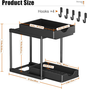 2 Pack Double Sliding Under Sink Organizers and Storage,Two Tier Bathroom Storage and organization,Under Cabinet Organizer with Hooks,Home Organization