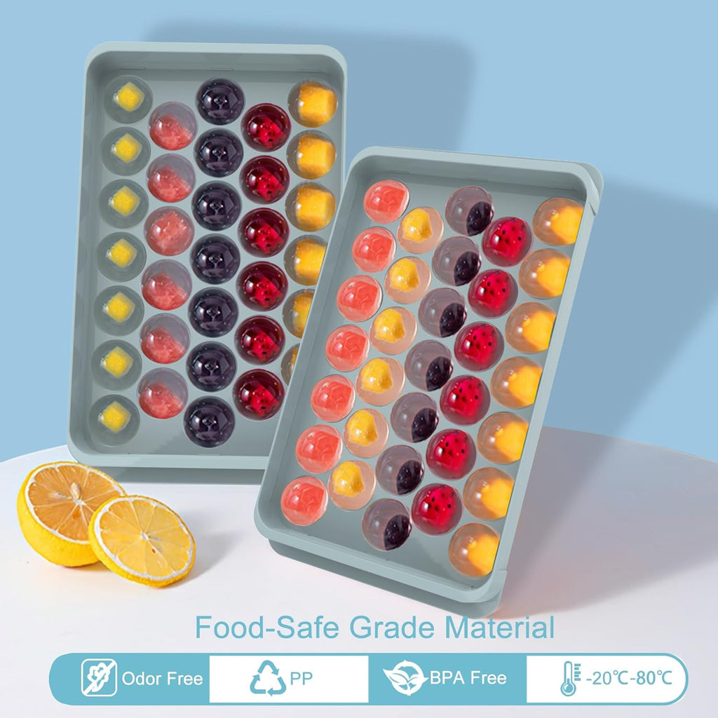 Ice Cube Tray for Freezer with Lid & Bin, 0.8"x66 Round Ice Cube Mold with Container (2 Trays 1 Ice Bucket & Scoop)