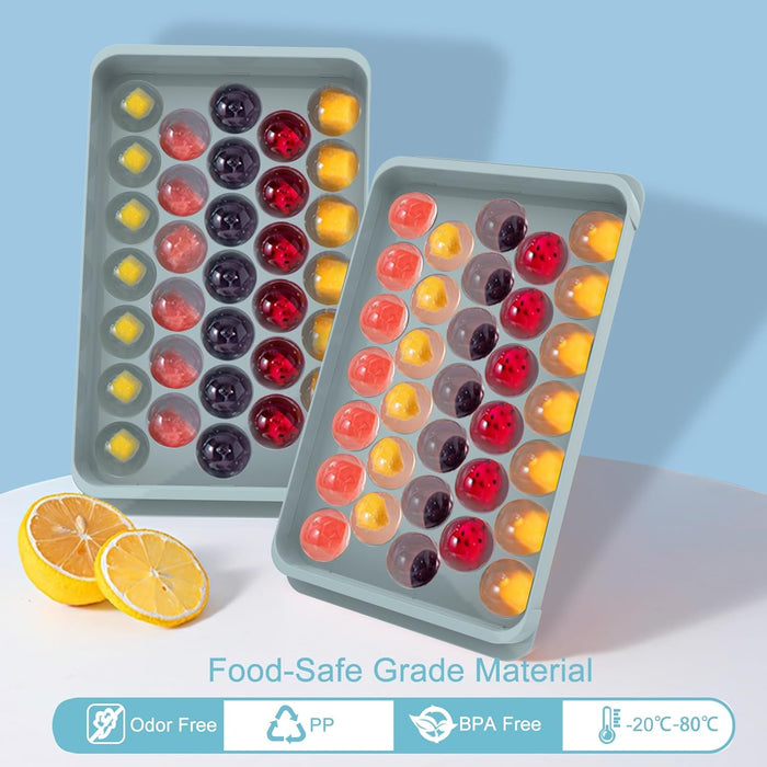Ice Cube Tray for Freezer with Lid & Bin, 0.8"x66 Round Ice Cube Mold with Container (2 Trays 1 Ice Bucket & Scoop)