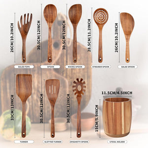 9 PCS Kitchen Utensils Set - Wooden Spoons for Cooking, Natural Teak Wooden Utensils - Includes Wooden Spoons