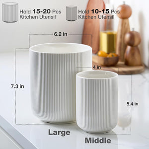 Large Kitchen Utensil Holder Set of 2, 7.3" + 5.4" Ceramic Cooking Utensil Holder for Countertop, Large Utensils Crock