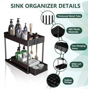 Under Sink Organizers and Storage 2 Pack - 2 Tier Sliding Bathroom Cabinet Organizer with Hooks