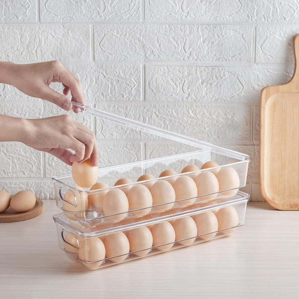 2 Pack Egg Container Holders for Refrigerator - Clear Stackable Trays for 14 Eggs