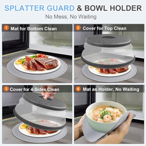 10 Inch Microwave Food Cover & Collapsible Silicone Mat - Splatter Guard, Plate Holder & Kitchen Colander for Meal Prep