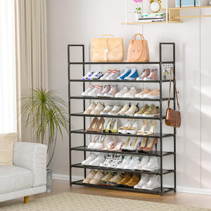 8 Tier Shoe Organizer, 33.3in Wide x 11.2in Deep x 55.7in Tall, Black Metal and Plastic Shoe Rack, Black