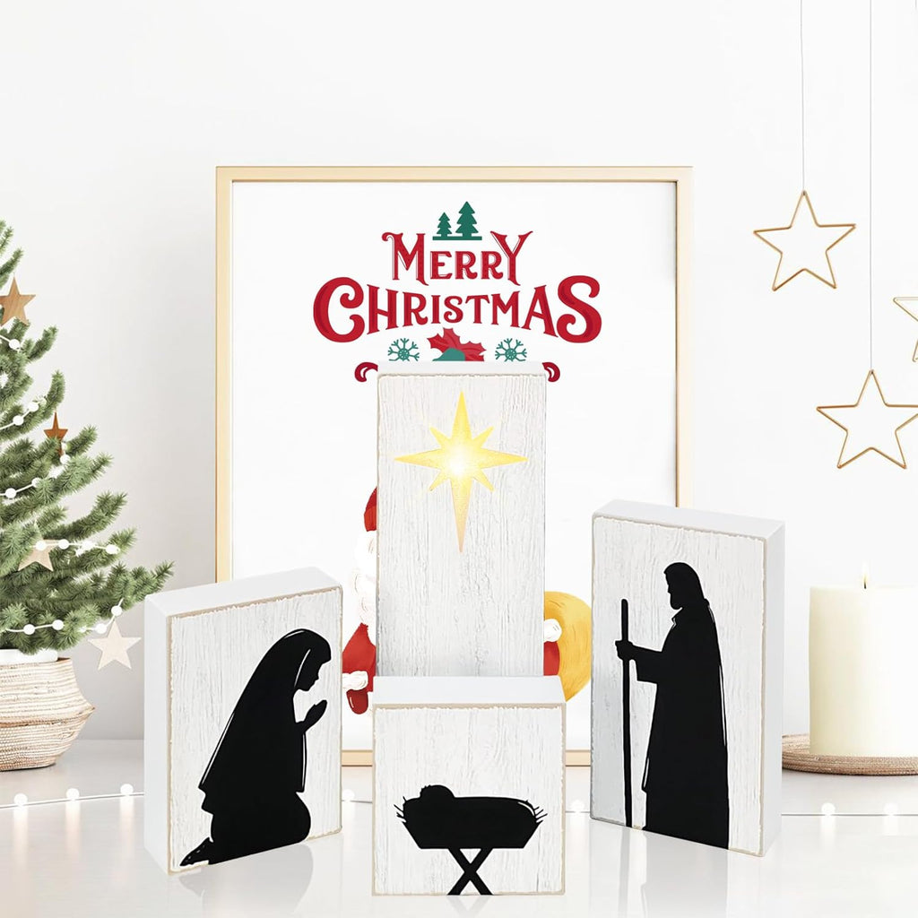 Wooden Nativity Scene with Shining Eternal Star, Black and White Christian Christmas Decorations