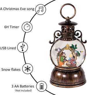 Christmas Lantern Snow Globe, Nativity Christmas Water Globes with 6H Timer, Battery Operated & USB Powered