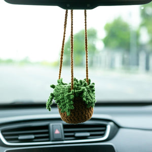 Succulent Handmade Crochet Car Ornament, Woven Rearview Hanging Charm, Green Flower