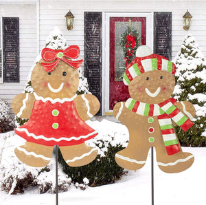 2 Pack Christmas Metal Stakes, 24.8 inch Gingerbread Boy and Girl Yard Sign Stake