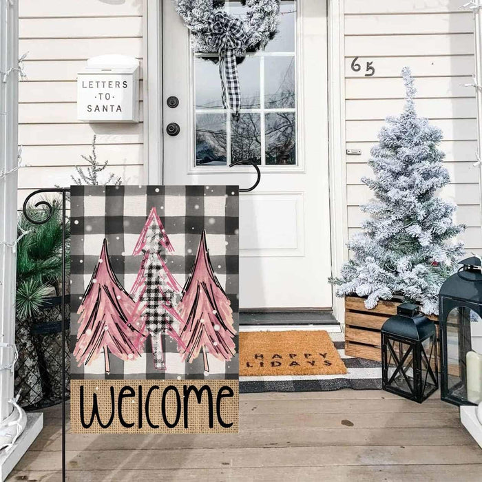 Welcome Christmas Pink Trees Garden Flag 12x 18 Inch