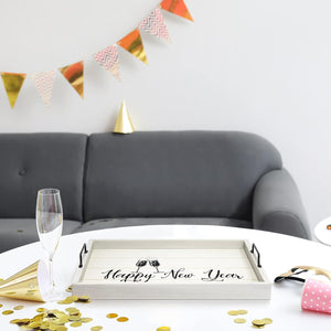 Champagne Toast Decorative Wood Serving Tray w/ Handles, 15.50" x 12", Light Gray Happy New Year