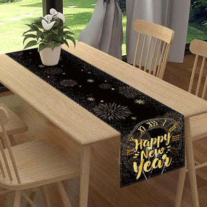 Linen Black and Gold Happy New Year Table Runner 72 Inches Long