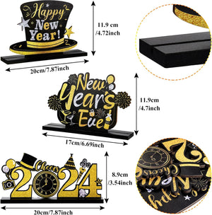 3 Pieces Happy New Year Table Decorations 2024 Wooden Table Centerpieces Ornaments Sign