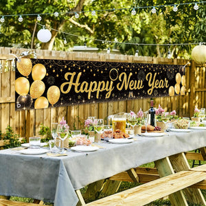 Black and Gold Happy New Year Banner Yard Sign Fireworks Stars Balloons