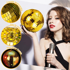 5 Pieces Disco Ball Mirror Ball Disco Party Decorations with Hanging Ring (Gold,8 Inch, 4 Inch)