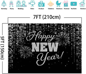 Happy New Year Backdrop Cheers to The New Year Black Silver Glitter Background