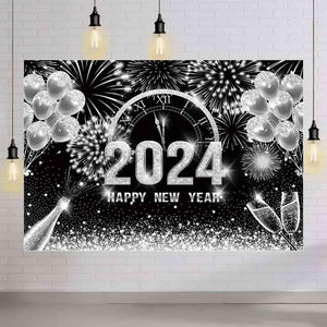 7x5ft Black and Silver 2024 Happy New Year Backdrop