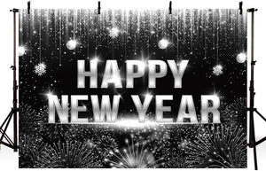 7x5ft Happy New Year Backdrop Black Silver Glitter Bokeh Fireworks Photography Background