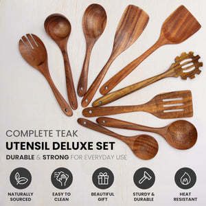 9-Piece Teak Wooden Utensils for Cooking - Natural Teak Utensil Set with Premium Gift Box