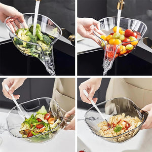 Fruit Cleaning Bowl with Strainer Container, Kitchen Sink Food Collector Drainer (2PCS, Transparent + Gray)